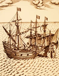 Capture of the Spanish galleon the Cagafuego by the Golden Hind leaded by Francis Drake in March 1579 (engraving)
