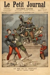 Caricature allegory about the Triple Alliance between Germany, Austria-Hungary and Italy, watching the other European alliance pass, France with Russia. Engraving in 