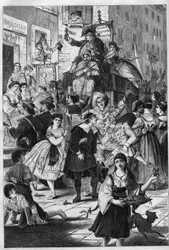Carnival in Rome: the walk of Dr. Pasquin Roman custom. He offers the ladies of the balconies his elixirs. Engraving in 