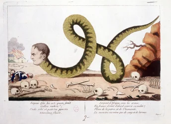 Cartoon about Napoleon I represented as a snake. Snake of Africa under arms, in France he first came to cover his nakedness; Scourge of homeland and humanity, the monster lived only with blood and tears. - in Napoleon I, caricatures, dummy collection. 1814