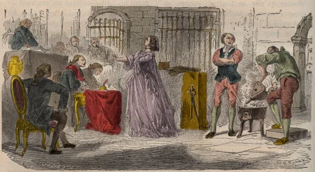Case of the collar, the trial: Jeanne de Valois-Saint-Remy, Comtesse de La Motte before the Parliament of Paris. Engraving of the 19th century