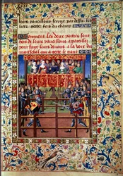 Ceremonies and ordinances as a pledge of battle: duel in closed field between two knights Miniature from a manuscript by Jean de Rolin (15th century) 1460 Paris, B.N.