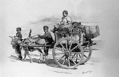Children of the People on a Cart Drawn by a Donkey, Sicily. Engraving of the 19th Century