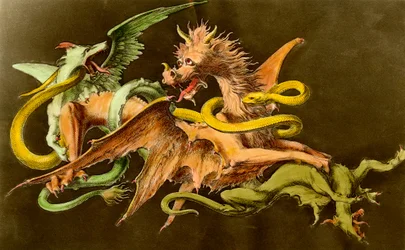 A dragon fighting two monsters
