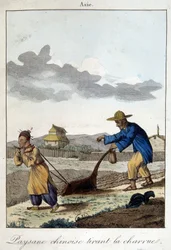 Chinese peasant pulling the plough. In “Habits and Customs of Peoples”, ed. Hocquart