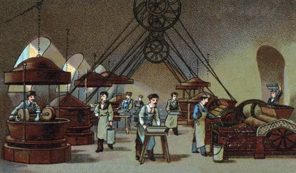 Chocolate manufacture: grinding workshop. Chromolithograph from the end of the 19th century