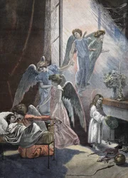 Christmas Dreaming Child. Engraving 19th century