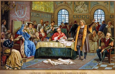 Christopher Columbus at the court of Isabella I of Spain, called the Catholic or Castile. chromolithograph of the 19th century