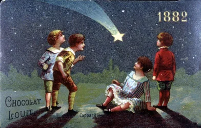 Children make a wish at the appearance of the star - Chromolithography Chocolat Louit from 1882