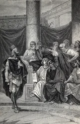 Cineas Important Adviser of King Pyrrhus Trying to Negotiate with the Romans after the Battle of Heraclea 280 BC, Engraving 1884