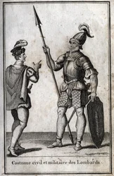 Civil and military suit of the Lombards (Lombardy) in the Middle Ages. Engraving in “Beaute de l