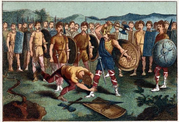 Clovis (465-511) and the Frankish warrior who broke the Vase of Soissons in 486 - Clovis I striking down the soldier who had broken the Vase of Soissons in 486. Chromolithograph of the 19th century.