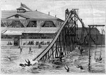 Coaster in Bridgeport, Connecticut, USA. Engraving from 1888