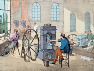 Coin-making: workers in a factory at various stages, casting coins (Engraving of the 19th century)