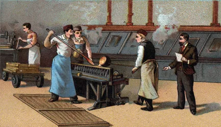 Coin making, gold blades. Chromolithography of the end of the 19th century