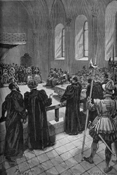 Colloquium of Poissy (1561). Speech by the Swiss Calvinist Theodore de Beze (1519-1605) (Centre, Back), Head of the Protestant Delegation