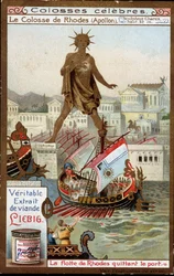 Famous colossus: the Colossus of Rhodes (Apollo, Helios) (height 32 metres), the sculptor Chares of Lindos (4th century BC); the fleet of Rhodes leaving the port (Greece) - Liebig chromolithograph