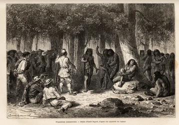 Commercial proposals between the Siriniris Indians and the members of the expedition, organization of the exchange of knives and needles for feathers of birds strung on a sprig of vine and aras, in the village of Huatinmio, located in the heights of the Ca