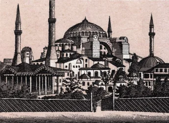 Constantinople, Turkey: View of the Mosque of Saint Sophia (Hagia Sophia). in “The World Illustrates 168 Views” Undated (late 19th century)