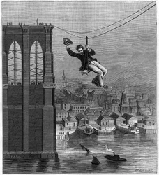 Construction of the Brooklyn Bridge in New York: Mr. Farrington, Chief Mechanic of Construction, Moving from One Pile to Another Using the First Stretched Wire (August 25)