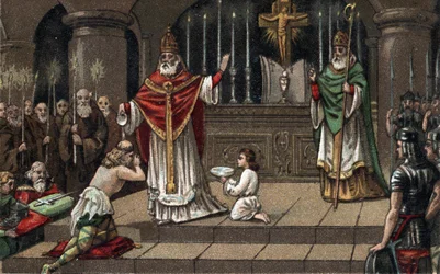 Conversion of Widukind or Witikind before Charlemagne in 785. Chromolithography of the Late 19th Century