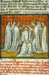 Coronation of Hugues Capet by Adalberon, Archbishop of Reims - Illumination of manuscript on veline of the Middle Ages 
