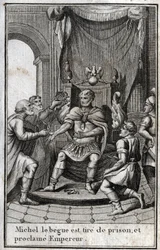 Coronation of Michael II the Amorian (the Stammerer) (770-829) as Byzantine emperor after his release from prison in 820. He is the founder of the Amorian dynasty. In “Beauties of the History of the Later Empire”, written by P. J. B. N. 1814.