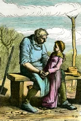 Cosette and Jean Valjean. Illustration for the novel Les Miserables by Victor Hugo
