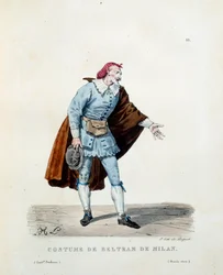 Costume of Niccolo Barbieri, known as Beltrame of Milan (died 1641) in 1600. Costume of the Italian comedy (commedia dell