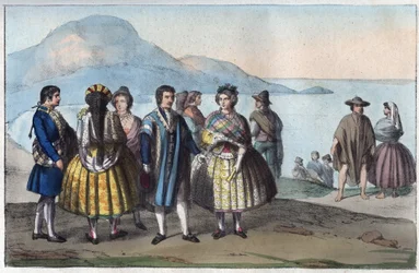 Costumes of the people of Concepción, Chile - engraving from “Usi e Costumi di Tutti i Popoli dell