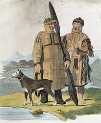 Couple from a Russian province and their dog - engraving