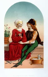 Courteous love scene in the Middle Ages. College - 19th century imitation
