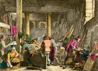 Crafts: Workshop of the Sieur Jadot joiner. Workers at work in the 18th century. Engraving of the 19th century. Private collection
