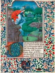 Creation, the Seventh Day: The Creator Flies Over His Work. Landscape with Animals. Miniature from the Book of Hours of the Countess of Bretiandos