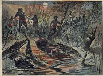 Crocodile Hunt in Niger with a Child for Bait. Illustration in 