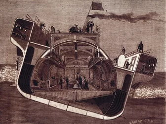 Cross section of a boat designed against seasickness by Henry Bessemer (1813-1898). Engraving 19th century.