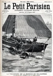 Crossing the Channel in velocipede: a fishing boat collects Georges Pinkert at sea who had made the bet to cross the Channel with the water velocipede he had invented. Engraving in 