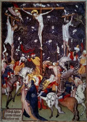 Crucifixion. Black angels fly around the bodies of the convicts. Romans on horseback turn around the cross to contemplate the scene