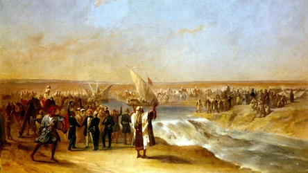 Cutting through the final section of basin in the Suez plain by His Excellency Ali Pascha on 15th August 1869