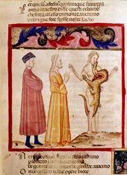 Dante and Virgil meet the soul of a sinner condemned to be devoured by a dragon. Illuminated page illustrating a song of Hell from the 