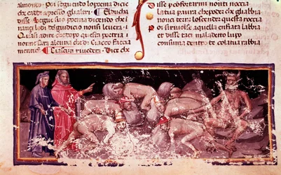 Dante and Virgil with the avaricious and spendthrifts (song 7 from Hell, in the Divine Comedy)