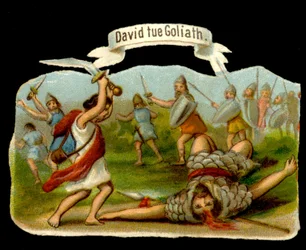 David and Goliath: David kills Goliath with his sword. 19th century chromolithography
