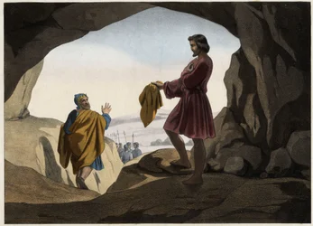 David showed Saul the piece of his mantle: David refused to kill King Saul, who was delivered by God into the cave, and cut only a piece of his mantle. Anonymous engraving from the middle of the 19th century