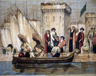 Departure of the Moors of Algiers, following the colonization by the French, an elderly or sick man is loaded onto a boat. 19th century