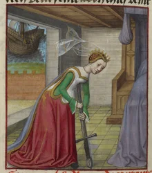 Detail of a miniature of Dido falling on her sword and committing suicide after Aeneas