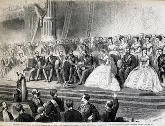 Distribution of awards to the laureates of the World Exposition - The Emperor receives from his son, the Imperial Prince, the Grand Prix of his labourers houses and model farms
