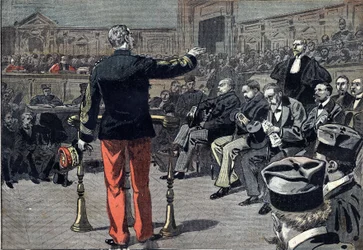 Dreyfus case - Trial of Emile Zola - 1898: General Auguste Mercier (1833-1921) answers questions of Fernand Labori (1860-1917), lawyer of the writer Emile Zola (1840-1902). Also represented are the president of the tribunal Albert Delegorgue, Messrs. Perr