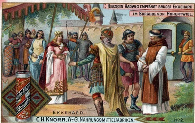 Ekkehard IV of St. Gallen or Eckhard, Eckhart erudit, and Latin poet. Duchess Hadwig receives Brother Ekkehard in the courtyard of the castle of Hohentwiel. Verso: Brother Ekkehard, whom the Duchess commissioned to her castle as