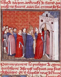 Emperor Charlemagne crowns enter a church followed by prelats from 