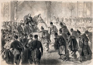 Emperor Napoleon III and Empress Eugenie de Montijo receiving the Japanese ambassadors at the Tuileries in Paris on 13 April 1862